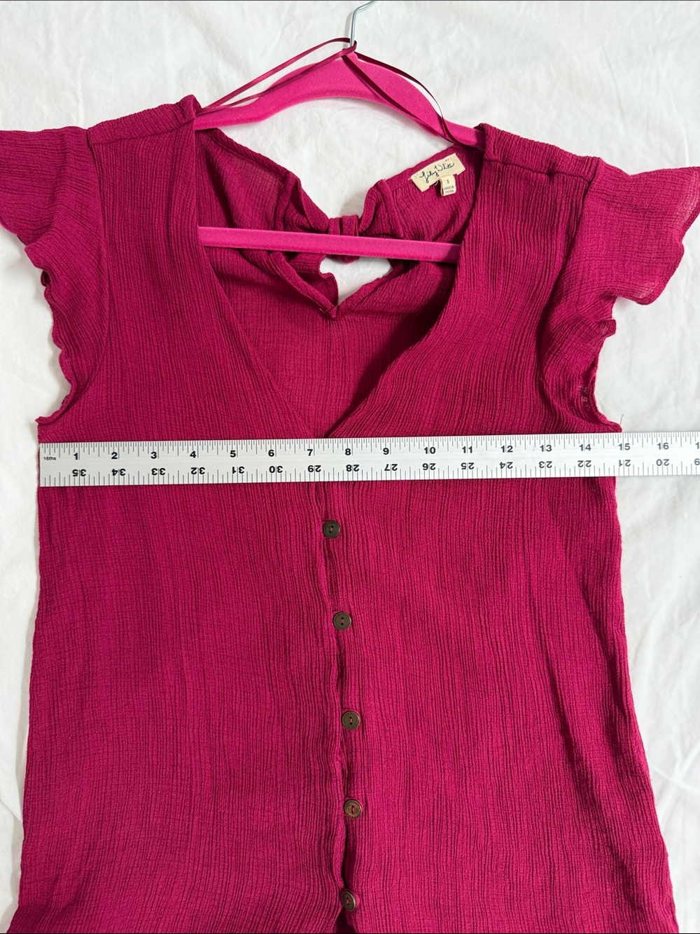 Lily White Raspberry Button-Front Tie-Back V-Neck Top - Picture 9 of 10